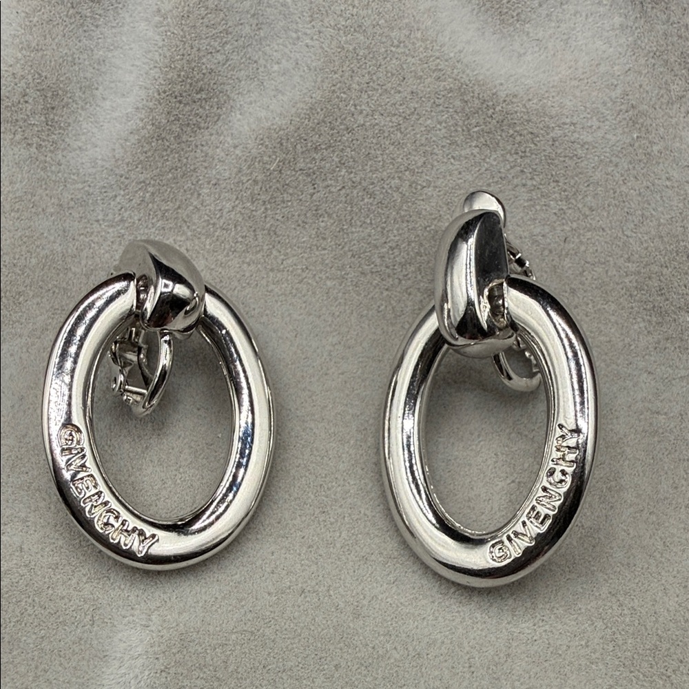 Givenchy Polished Silver Oval Logo Clip-On Earrings silver tone